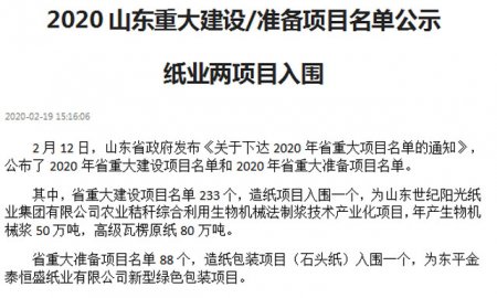 2020山东重大建设/准备项目名单公示 纸业两项目入围